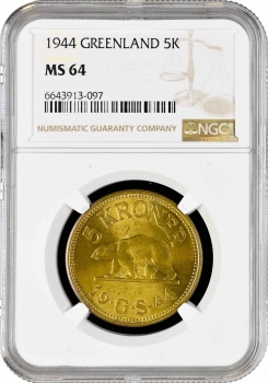Гренландия 5 крон 1944 г., NGC MS64, "Датская колония (1926 - 1964)"