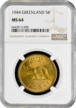 Гренландия 5 крон 1944 г., NGC MS64, "Датская колония (1926 - 1964)"