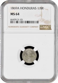 Гондурас 1/8 реала 1869 г. A, NGC MS64, "Песо (pre-decimal) (1862 - 1871)"