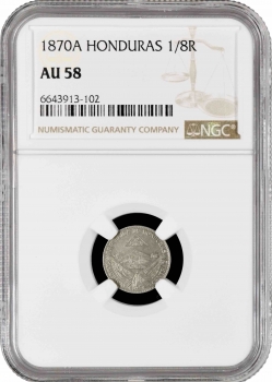 Гондурас 1/8 реала 1870 г. A, NGC AU58, "Песо (pre-decimal) (1862 - 1871)"