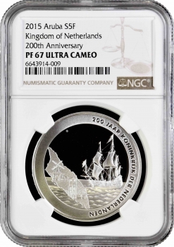 Аруба 5 флоринов 2015 г., NGC PF67 UC, "200 лет Королевству Нидерланды"