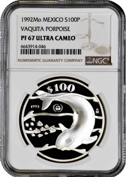 Мексика 100 песо 1992 г., NGC PF67 UC, "Калифорнийская морская свинья (Phocoena sinus)"