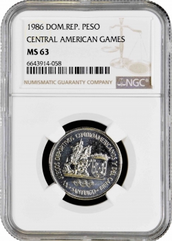 Доминикана 1 песо 1986 г., NGC MS63, "XV игры Центральной Америки и Карибского бассейна"