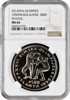 Босния и Герцеговина 500 динаров 1996 г., NGC MS66, "Олимпиада Атланта - Фехтование"