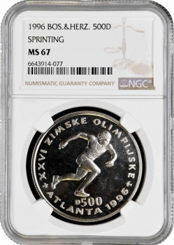 Босния и Герцеговина 500 динаров 1996 г., NGC MS67, "Олимпиада Атланта - Спринт" Top Pop 1/0