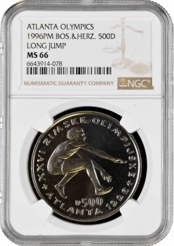 Босния и Герцеговина 500 динаров 1996 г., NGC MS66, "Олимпиада Атланта - Прыжки в длину" Top Pop 1/0