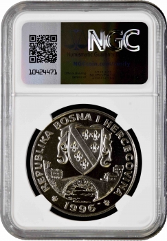 Босния и Герцеговина 500 динаров 1996 г., NGC MS66, "Олимпиада Атланта - Прыжки в длину" Top Pop 1/0