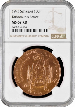 Западная Сахара 100 песет 1993 г., NGC MS67 RD, "Тарбозавр (Tarbosaurus bataar)" Top Pop 1/0