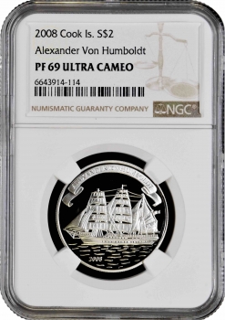 Острова Кука 2 доллара 2008 г., NGC PF69 UC, "Парусные корабли - Александр фон Гумбольдт" Top Pop 1/0