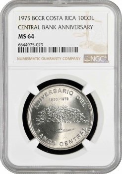 Коста-Рика 10 колонов 1975, NGC MS64, "25 лет Центральному Банку"