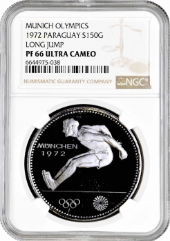 Парагвай 150 гуарани 1972 г., NGC PF66 CAM, "Олимпийские Игры, Мюнхен 1972 - Прыжок в длину"