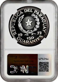 Парагвай 150 гуарани 1972 г., NGC PF67 CAM, "Олимпийские Игры, Мюнхен 1972 - Бег с барьерами"