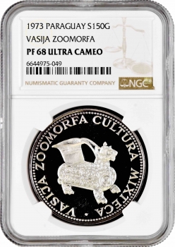 Парагвай 150 гуарани 1973 г., NGC PF68 UC, "Культуры Мезоамерики - Миштеки"