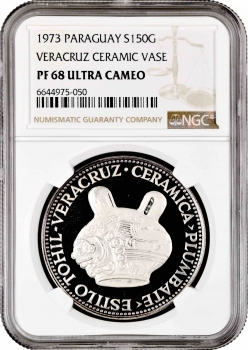 Парагвай 150 гуарани 1973 г., NGC PF68 UC, "Культуры Мезоамерики - Веракруз /Ваза/" Top Pop 3/0
