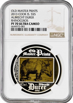 Острова Кука 5 долларов 2013 г., NGC PF70 UC, "Гравюра Альбрехта Дюрера "Носорог"" Top Pop 6/0