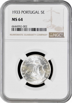 Португалия 5 эскудо 1933 г., NGC MS64, "Португальская Республика (1911 - 1969)"