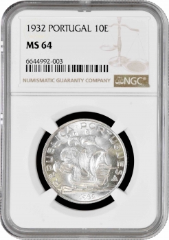 Португалия 10 эскудо 1932 г., NGC MS64, "Португальская Республика (1911 - 1969)"