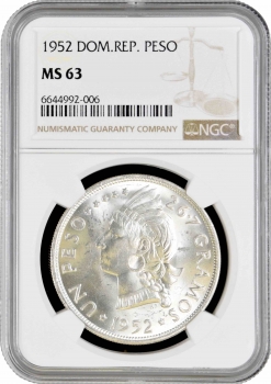 Доминикана 1 песо 1952 г., NGC MS63, "Доминиканская Республика (1937 - 2020)"