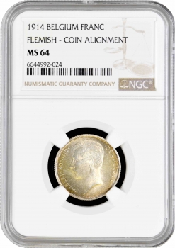 Бельгия 1 франк 1914 г. Flemish, NGC MS64, "Король Альберт I (1910 - 1934)"