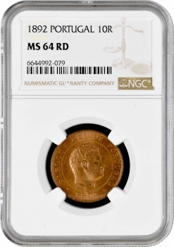 Португалия 10 рейсов 1892 г., NGC MS64 RD, "Король Карлуш I (1889 - 1908)"