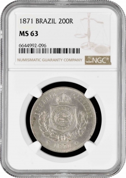 Бразилия 200 рейсов 1871 г., NGC MS63, "Император Педро II (1831 - 1889)"