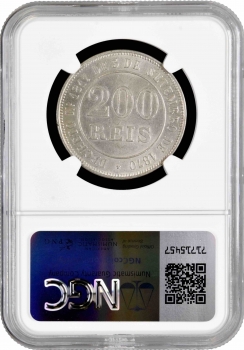 Бразилия 200 рейсов 1871 г., NGC MS63, "Император Педро II (1831 - 1889)"