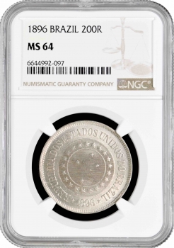 Бразилия 200 рейсов 1896 г., NGC MS64, "Первая Республика (1889 - 1942)" Top Pop 4/0