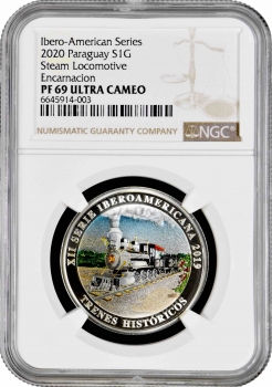 Гватемала 1 кетсаль 2019 г., NGC PF69 UC, "Иберо-Америка - Исторические поезда"