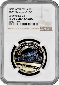 Никарагуа 10 кордоб 2020 г., NGC PF70 UC, "Иберо-Америка - Исторические железные дороги"