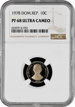 Доминикана 10 сентаво 1978 г., NGC PF68 UC, "Доминиканская Республика (1937 - 2022)"