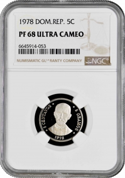 Доминикана 5 сентаво 1978 г., NGC PF68 UC, "Доминиканская Республика (1937 - 2022)"
