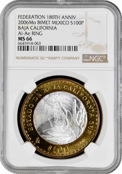 Мексика 100 песо 2006 г., NGC MS66, "180 лет Федерации - Южная Нижняя Калифорния" Top Pop 3/0