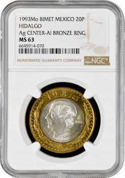 Мексика 20 песо 1993 г. Mo, NGC MS63, "Мигель Идальго (1753 - 1811)"