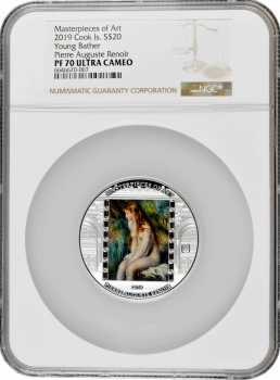 Острова Кука 20 долларов 2019 г., NGC PF70 UC, "Шедевры искусства - Купальщица"