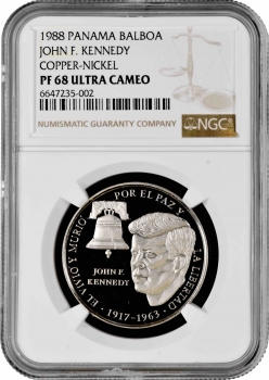 Панама 1 бальбоа 1988 г., NGC PF68 UC, "Джон Кеннеди" (Cu-Ni) Top Pop 2/0