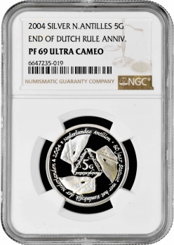 Нидерландские Антильские острова 5 гульденов 2004 г., NGC PF69 UC, "Конец голландского правления"