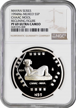 Мексика 5 песо 1994 г. Mo, NGC PF69 UC, "Доколумбова культура - Chaac Mool"