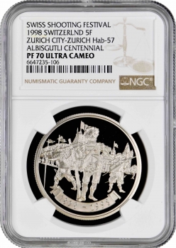 Швейцария 5 франков 1998 г., NGC PF70 UC, "Стрелковый фестиваль в Альбисгютли" Top Pop 1/0