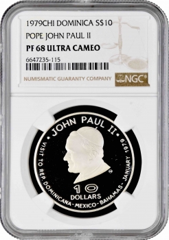 Доминика 10 долларов 1979 г., NGC PF68 UC, "Независимость - Визит Папы Римского" Top Pop 1/0