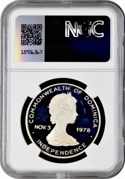 Доминика 10 долларов 1979 г., NGC PF68 UC, "Независимость - Визит Папы Римского" Top Pop 1/0