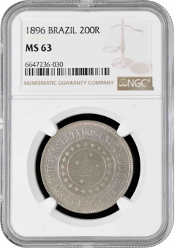 Бразилия 200 рейсов 1896 г., NGC MS63, "Первая Республика (1889 - 1942)"