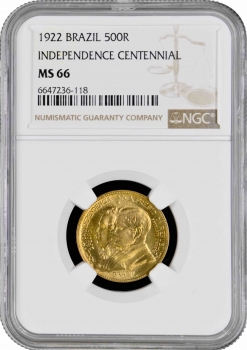 Бразилия 500 рейсов 1922 г., NGC MS66, "100 лет независимости Бразилии"