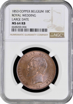 Бельгия 10 сантимов 1853 г., NGC MS64 RB, "Свадьба Леопольда и Марии Генриетте" Pop 2/1