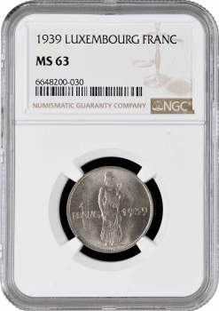 Люксембург 1 франк 1939 г., NGC MS63, "Великая герцогиня Шарлотта (1918 - 1964)"