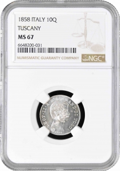 Тоскана 4 флорина 1858 г., NGC MS67, "Великий герцог Леопольд II (1824 - 1859)" Top Pop 2/0