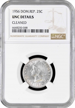 Доминикана 25 сентаво 1956 г., NGC UNC Det., "Доминиканская Республика (1937 - 2023)"