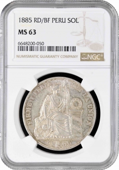 Перу 1 соль 1885 г. RD/BF, NGC MS63, "Республика Перу (1863 - 1917)" Top Pop 1/0