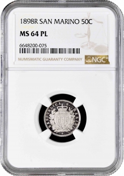 Сан-Марино 50 чентезимо 1898 г. R, NGC MS64 PL, "Республика Сан-Марино (1864 - 1938)" Top Pop 1/0