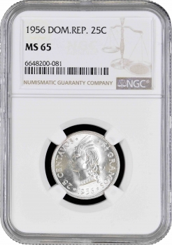 Доминикана 25 сентаво 1956 г., NGC MS65, "Доминиканская Республика (1937 - 2023)"