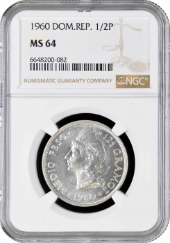 Доминикана 1/2 песо 1960 г., NGC MS64, "Доминиканская Республика (1937 - 2020)"